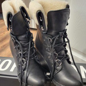 Sorel Black Leather After Hours Sherpa Shearling Wedge Boots